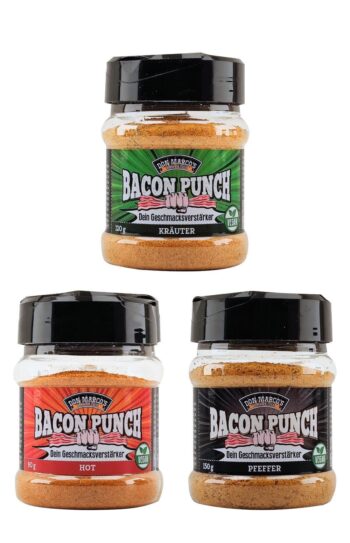 Bacon Punch Dosen Kräuter, Pfeffer und Hot vor weißem Hintergrund
