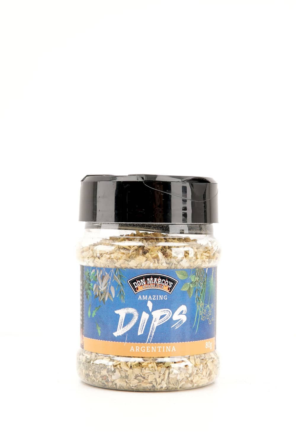 argentina dip in transparenter PET Dose, blaues Etikett mit Produktname in Front, schwarzer PET Deckel mit Streuvverschluss