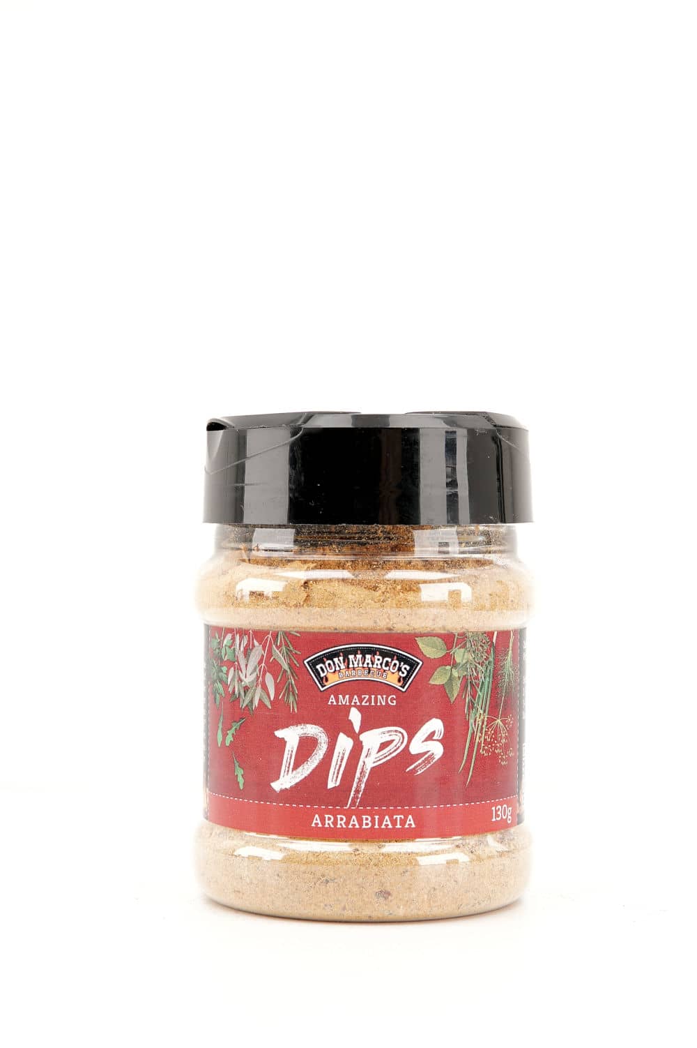 arrabiata dip in transparenter PET Dose, rotes Etikett mit Produktname in Front, schwarzer PET Deckel mit Streuvverschluss