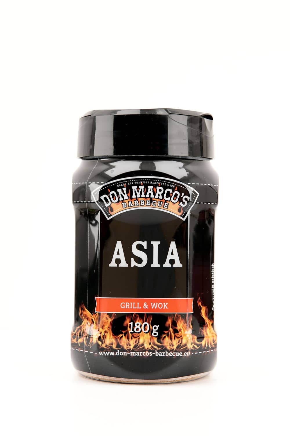 Asia Spiceblend in transparenter PET Dose, schwarz gesleeved, schwarzer PET Deckel mit Streuverschluss
