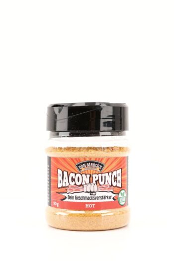 bacon punch hot in transparenter PET Dose, orangenes Etikett mit Produktname und geballter Faust in Front, schwarzer PET Deckel mit Streuverschluss