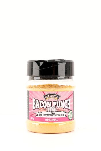 bacon punch original in transparenter PET Dose, rosa Etikett mit Produktname und geballter Faust in Front, schwarzer PET Deckel mit Streuverschluss