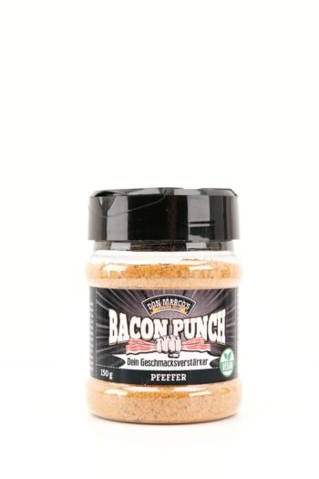 bacon punch pfeffer in transparenter PET Dose, schwarzes Etikett mit Produktname und geballter Faust in Front, schwarzer PET Deckel mit Streuverschluss