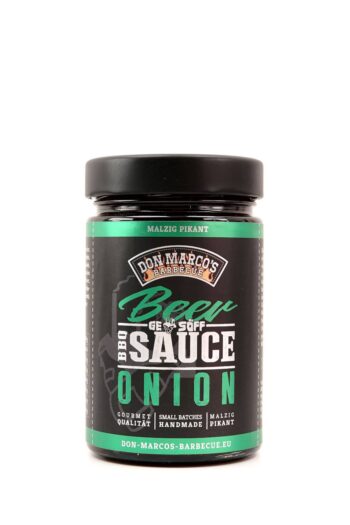 Beer and Onion BBQ Sauce in Glasbehaelter, schwarzes hochglanz Etikett mit dunkel gruenem Rand, schwarzer Schraubdeckel
