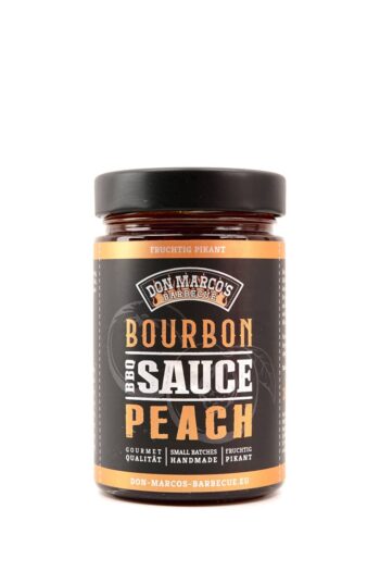 Bourbon Peach BBQ Sauce in Glasbehaelter, schwarzes hochglanz Etikett mit orangenem rand, schwarzer Schraubdeckel