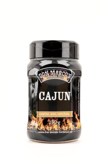 Cajun Spiceblend in transparenter PET Dose, schwarz gesleeved, schwarzer PET Deckel mit Streuverschluss