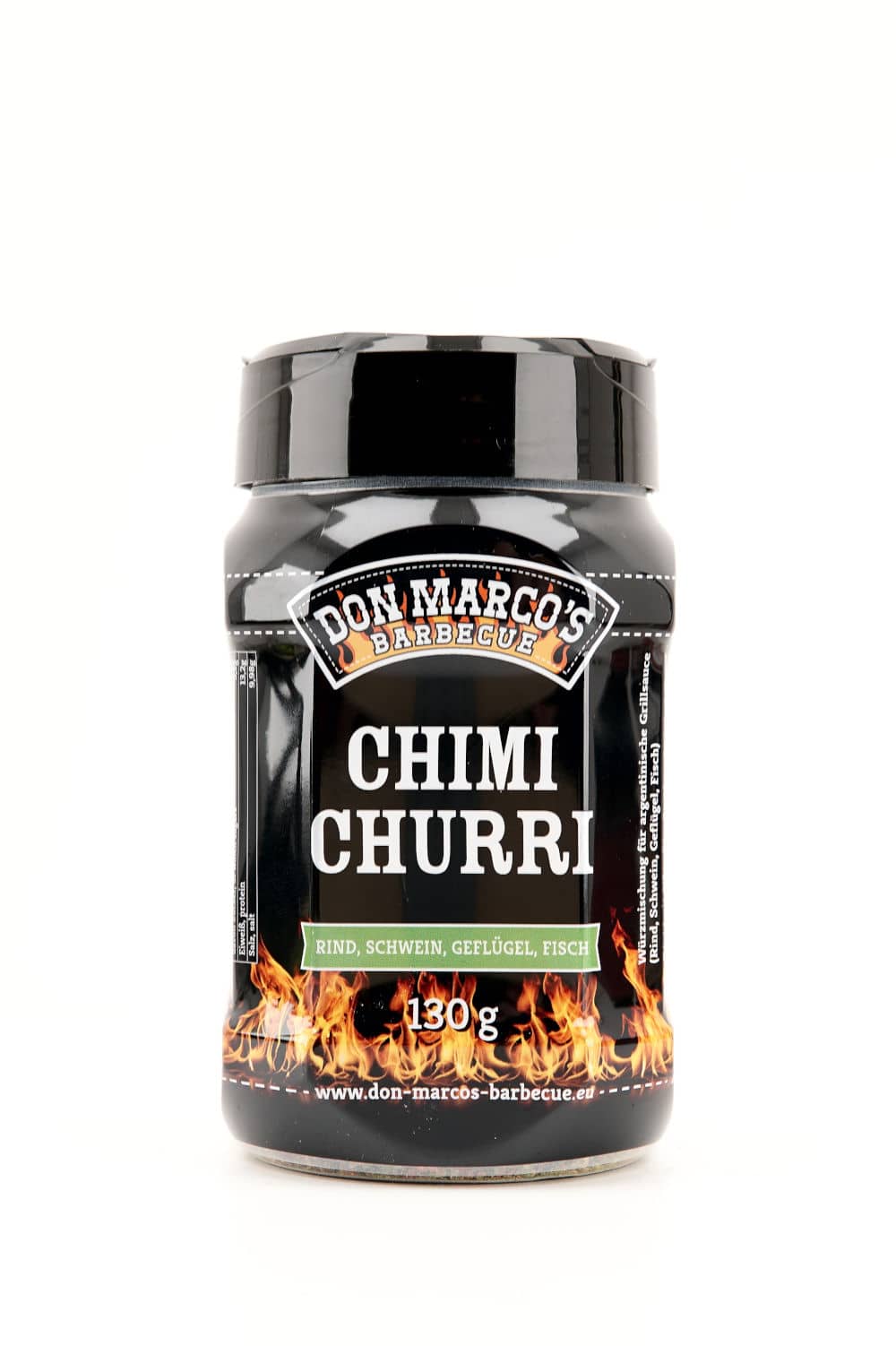 Chimichurri Spiceblend in transparenter PET Dose, schwarz gesleeved, schwarzer PET Deckel mit Streuverschluss