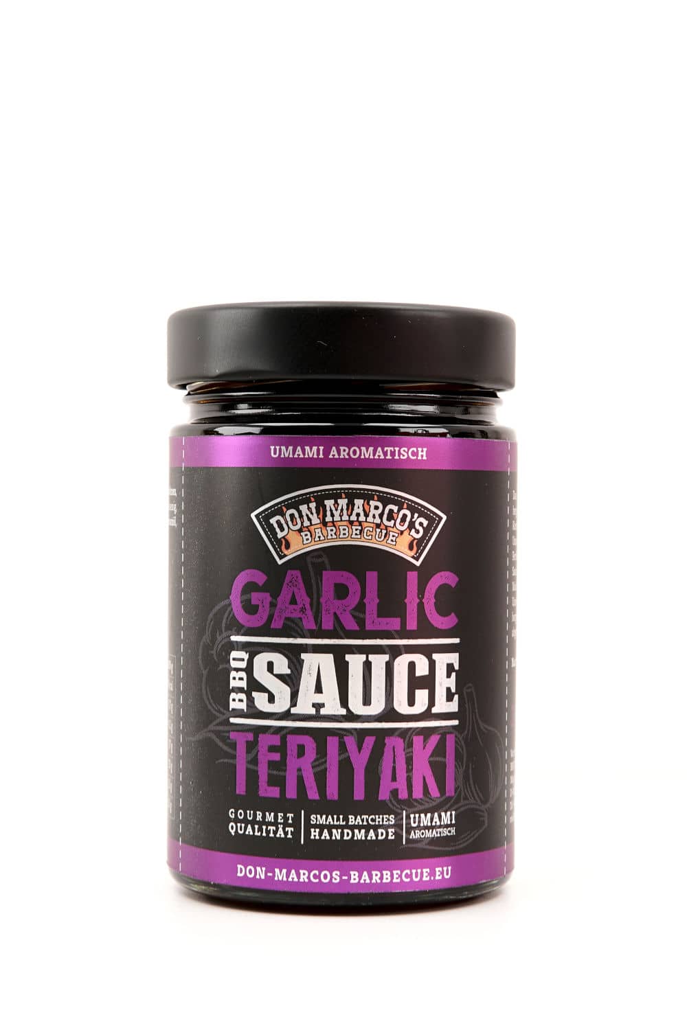 Garlic Teriyaki BBQ Sauce in Glasbehaelter, schwarzes hochglanz Etikett mit lila rand, schwarzer Schraubdeckel