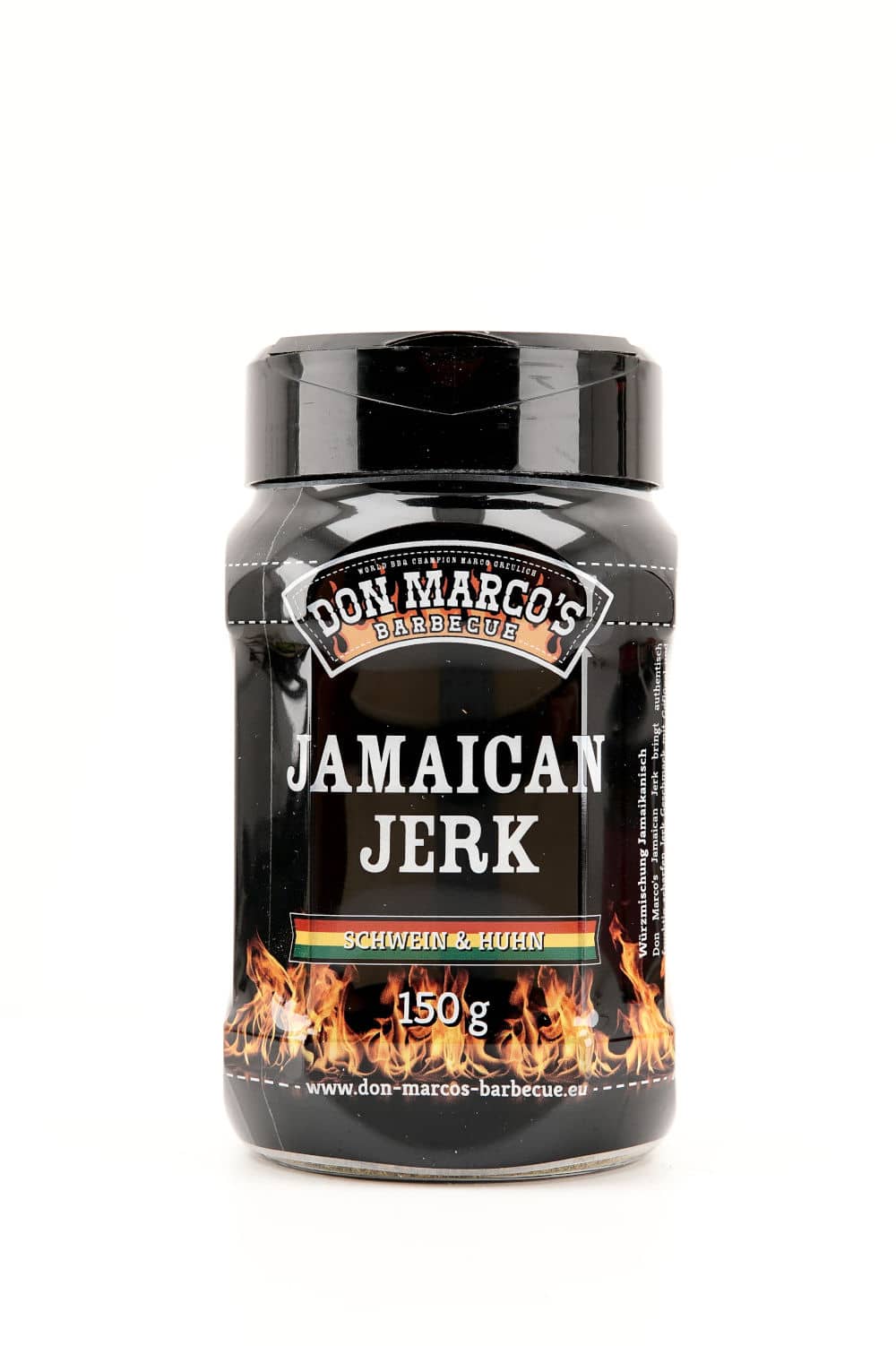 Jamaican Jerk Spiceblend in transparenter PET Dose, schwarz gesleeved, schwarzer PET Deckel mit Streuverschluss