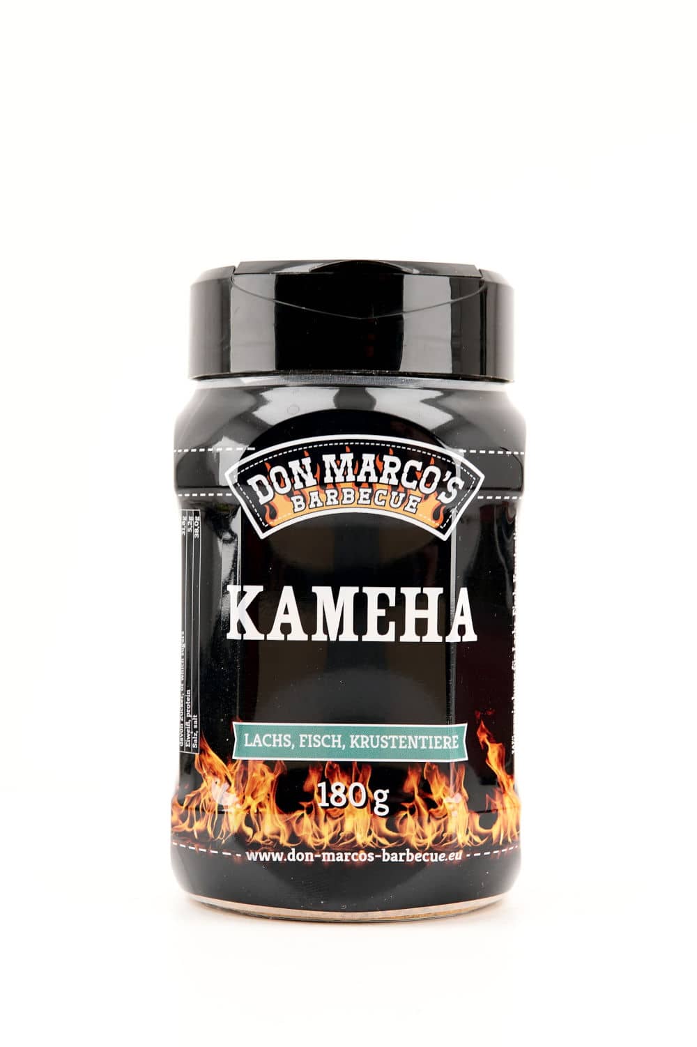 Kameha Spiceblend in transparenter PET Dose, schwarz gesleeved, schwarzer PET Deckel mit Streuverschluss