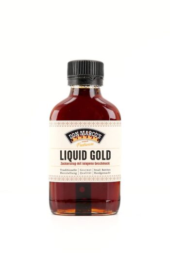 Liquid Chili Gold in Glasfläschen, beiges Etikett mit Produktname in Front, schwarzer PET Schraubdeckel