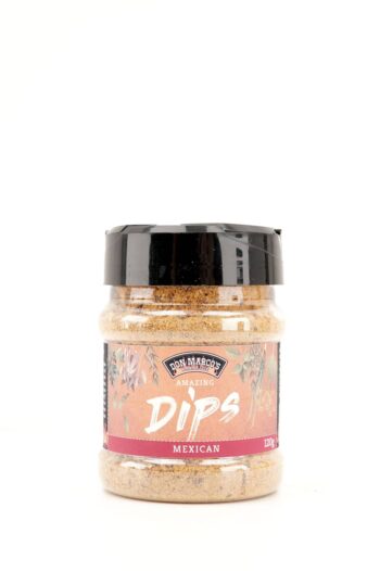 mexican dip in transparenter PET Dose, rosa Etikett mit Produktname in Front, schwarzer PET Deckel mit Streuvverschluss