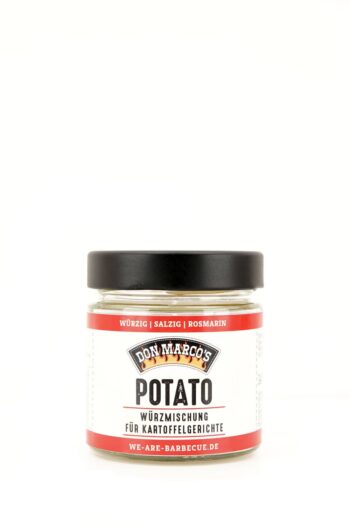 Potato Küchengewürz transparenter Glas Dose, weißes Etikett mit rotem Rand, schwarzer Blech Deckel