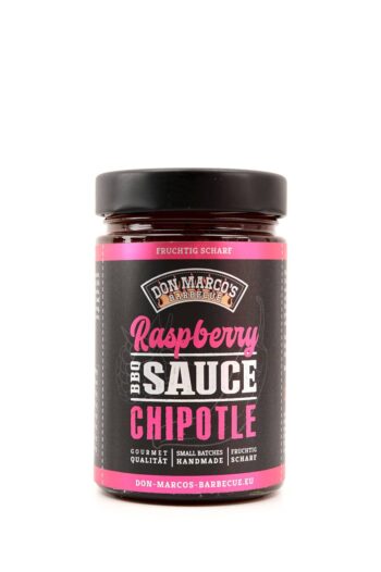 Raspberry Chipotle BBQ Sauce in Glasbehaelter, schwarzes hochglanz Etikett mit pinkem rand, schwarzer Schraubdeckel