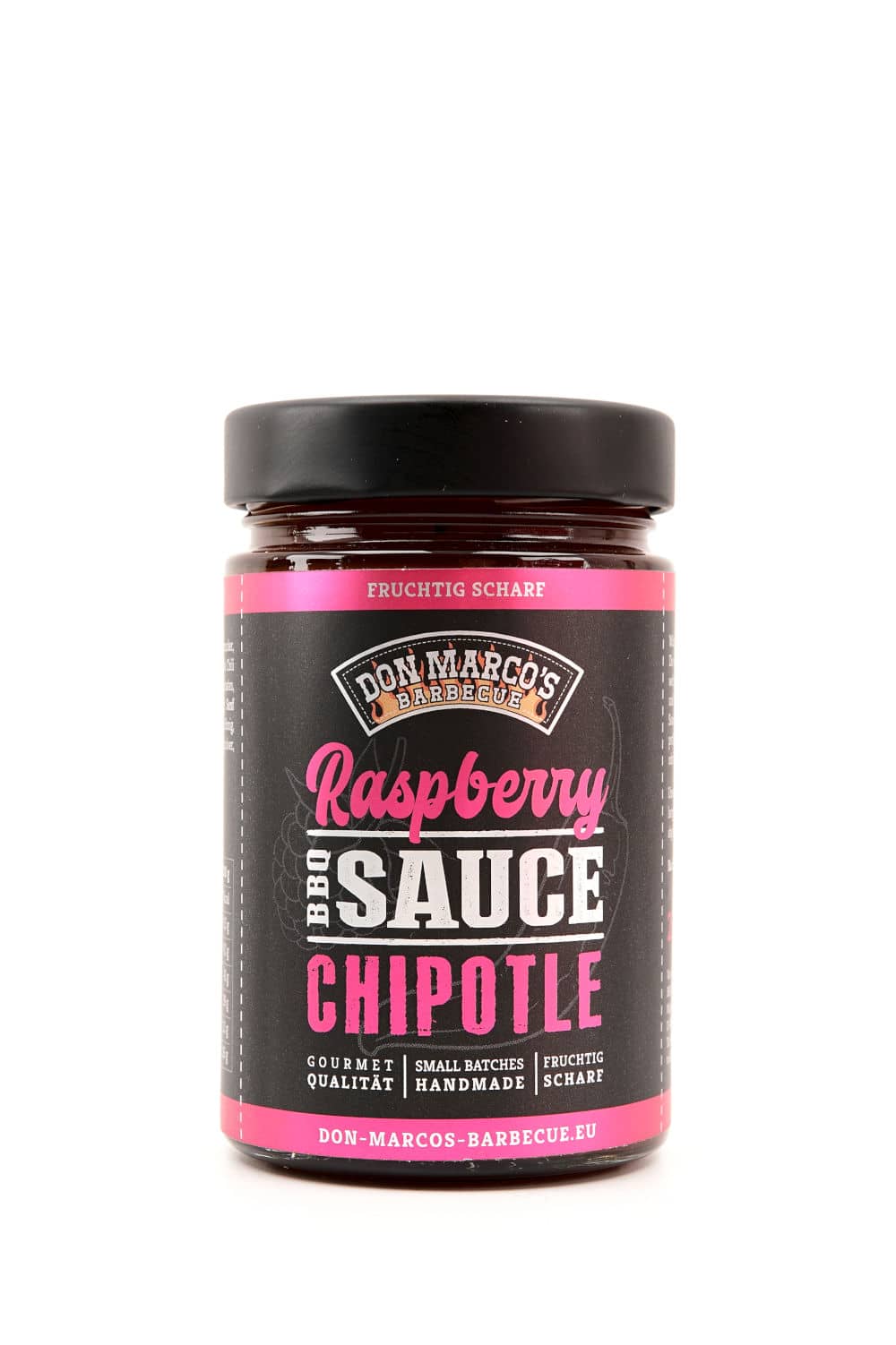 Raspberry Chipotle BBQ Sauce in Glasbehaelter, schwarzes hochglanz Etikett mit pinkem rand, schwarzer Schraubdeckel