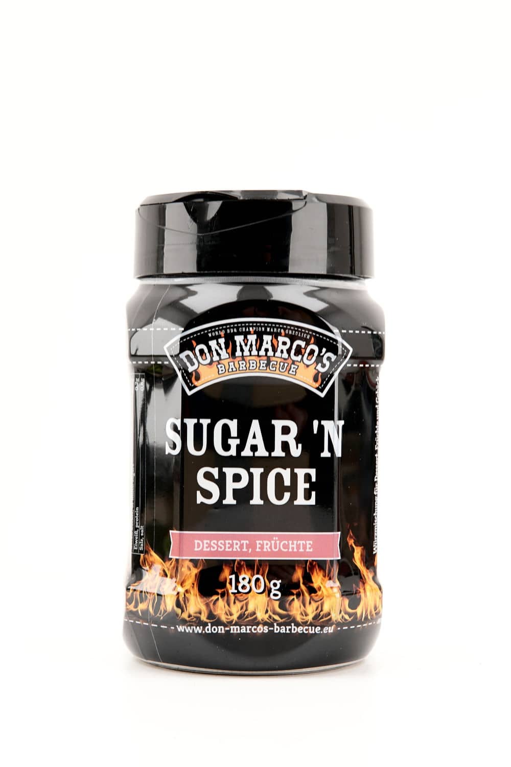 Sugar n Spice Spiceblend in transparenter PET Dose, schwarz gesleeved, schwarzer PET Deckel mit Streuverschluss