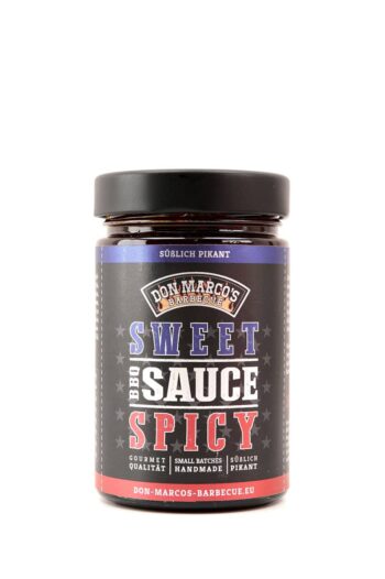 Sweet and spicy BBQ Sauce in Glasbehaelter, schwarzes hochglanz Etikett mit blauem rand, schwarzer Schraubdeckel
