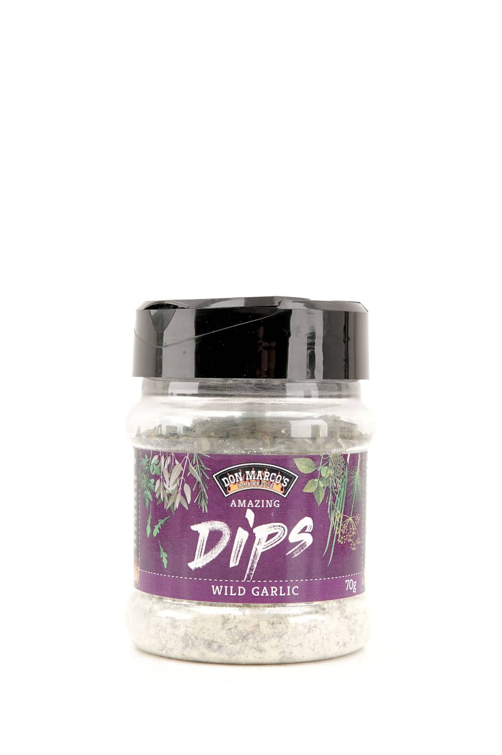 wild garlic dip in transparenter PET Dose, lila Etikett mit Produktname in Front, schwarzer PET Deckel mit Streuvverschluss