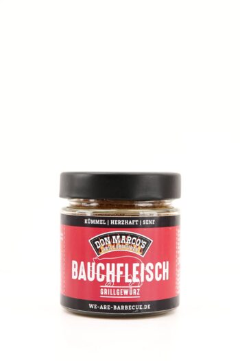 Bauchfleisch Grillgewuerz in Glasbehaelter, rot schwarzes Papier Etikett, schwarzer Schraubdeckel