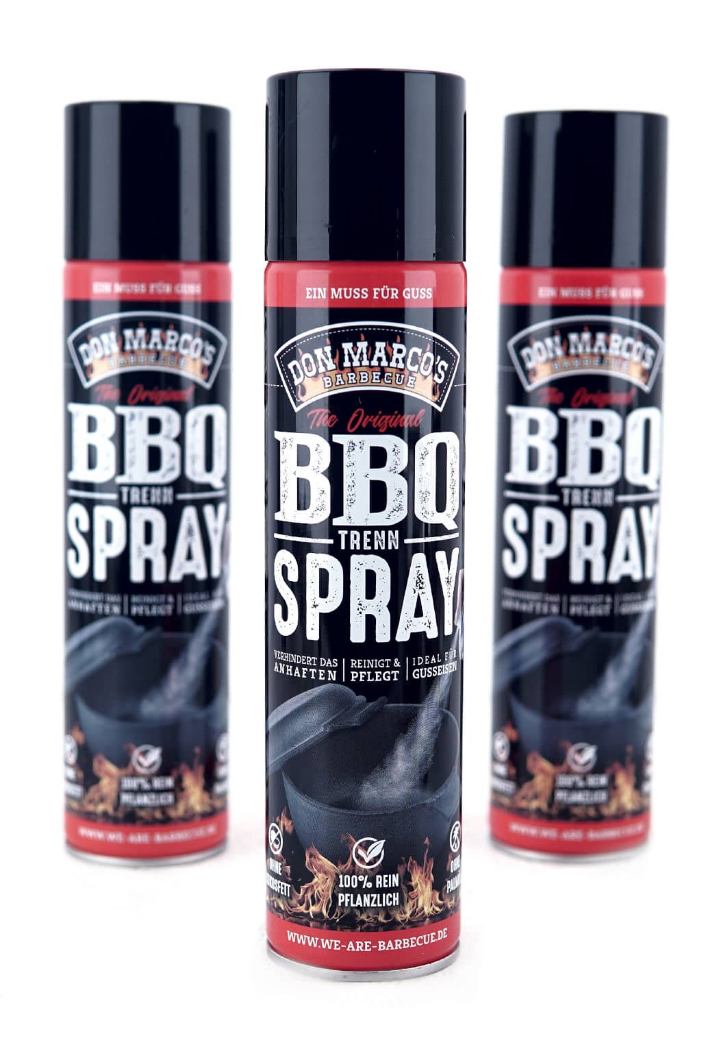 BBQ Trennspray in großer blech Spraydose, schwarz geseleeved, mit Produktname und Dutch Oven in Front, schwarze PET Verschlusskappe