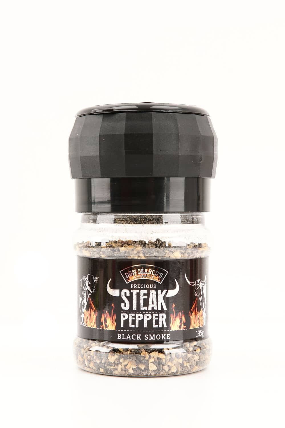 black smoke steak pfeffer in transparenter PET Dose, schwarzes Etikett mit Produktname und Hörnern in Front, schwarze Deckelmühle