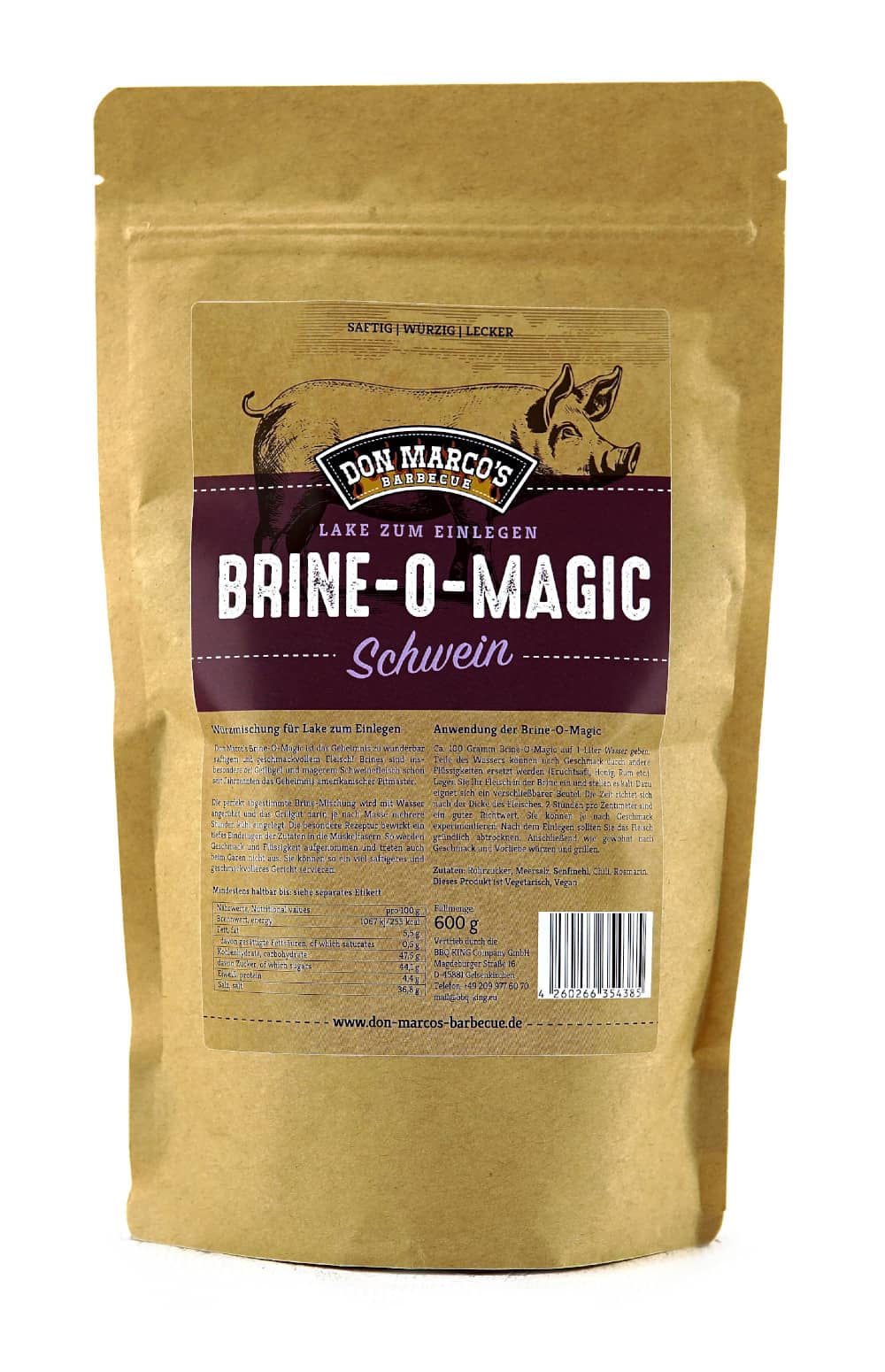 Schwein Brine O Magic in braunem Kraftpapier Beutel. Großes Etikett in Front mit gezeichnetem Schwein im Hintergrund