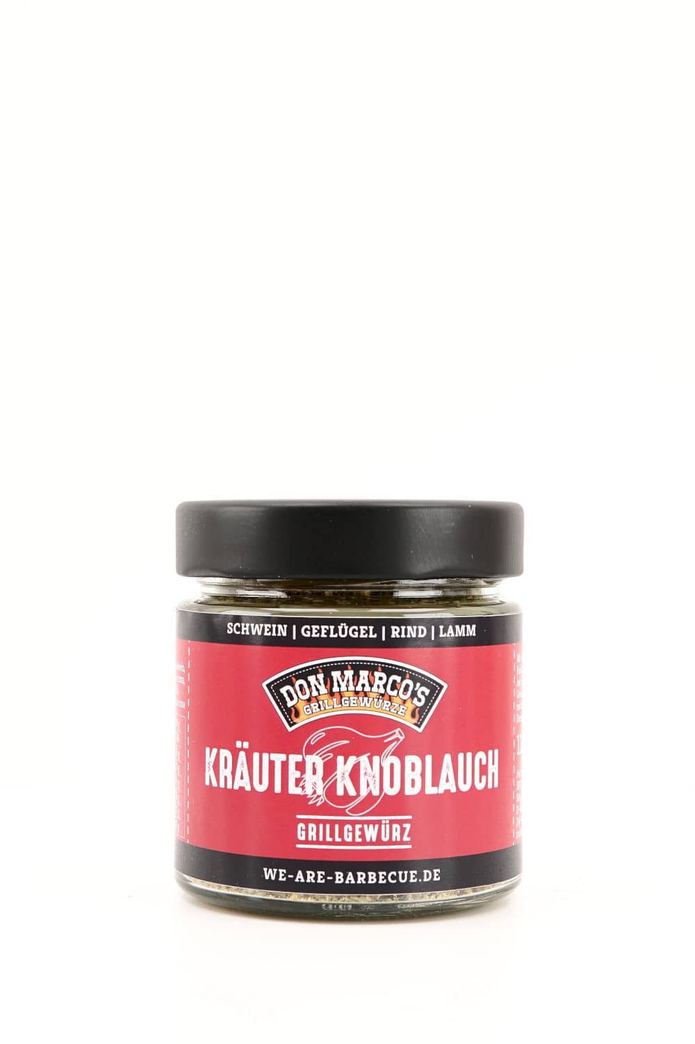 Kraeuter Knoblauch Grillgewuerz in Glasbehaelter, rot schwarzes Papier Etikett, schwarzer Schraubdeckel