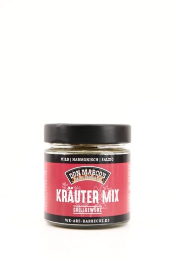 Kraeuter Mix Grillgewuerz in Glasbehaelter, rot schwarzes Papier Etikett, schwarzer Schraubdeckel