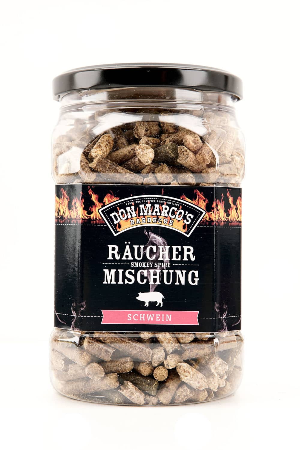 raeuchermischung schwein in transparenter PET Dose, schwarzes Etikett mit Produktname und Flammen in Front, schwarzer blech Schraubdeckel