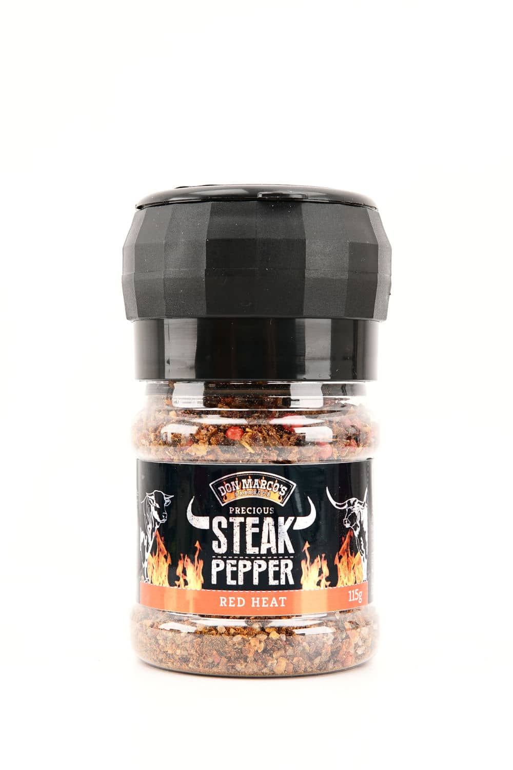red heat steak pfeffer in transparenter PET Dose, schwarzes Etikett mit Produktname und Hörnern in Front, schwarze Deckelmühle